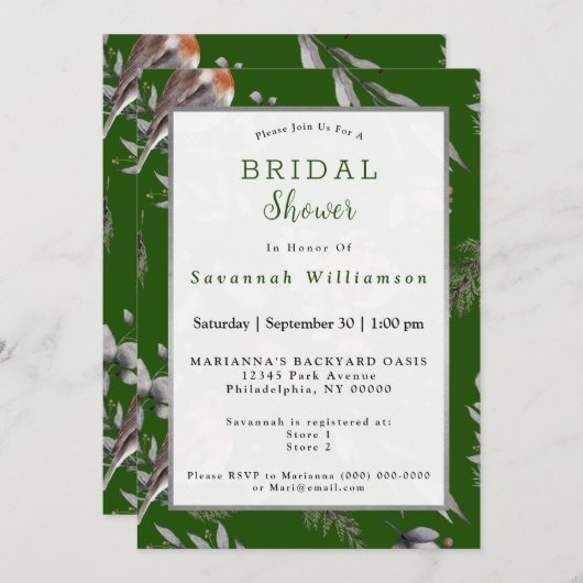 Winter Green Robin Greenerity Brautparty Einladung (Vorne/Hinten)