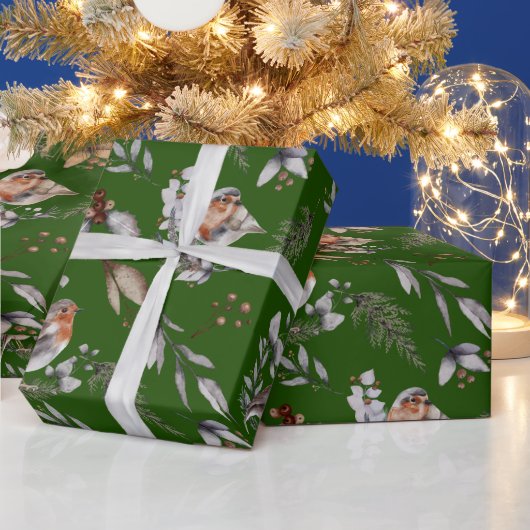 Winter Green Robin Greenerity Watercolor Geschenkpapier (Feiertage)