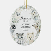 Winter Greenery Arctic Animals Baby 1. Weihnachten Keramik Ornament (Rechts)