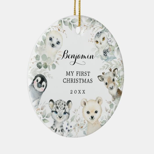 Winter Greenery Arctic Animals Baby 1. Weihnachten Keramik Ornament (Rechts)