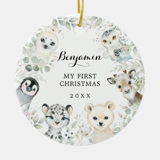 Winter Greenery Arctic Animals Baby 1. Weihnachten Keramik Ornament (Vorne)