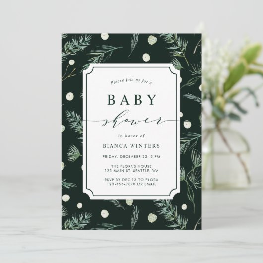 Winter Greenery Baby Shower Einladung (Stehend Vorderseite)