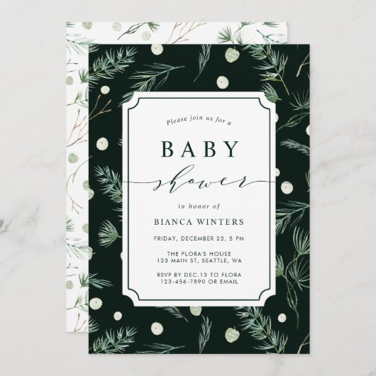 Winter Greenery Baby Shower Einladung (Vorne/Hinten)