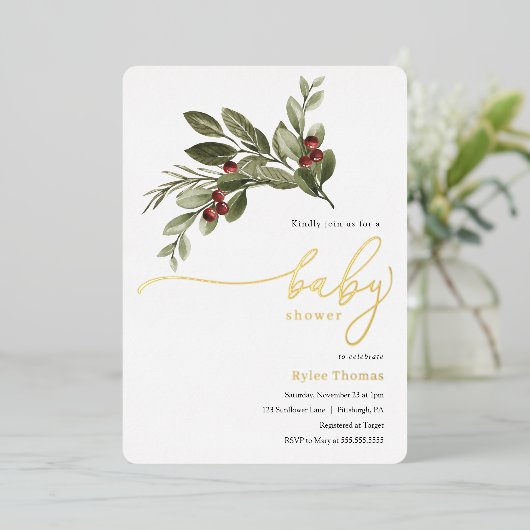 Winter Greenery Baby Shower Folieneinladung (Stehend vorne)