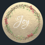 Winter Greenery Berries Wreath Christmas Joy Gold Runder Aufkleber<br><div class="desc">Eleganter und moderner festlicher Umschlag Aufkleber oder Geschenksticker zu Weihnachten mit dem Text 'Joy' in weißer Schriftzeichen-Kalligraphie und einem stilvollen Wintergarten und Beeren-Kranz auf Champagnergold-Hintergrund. Exklusiv für Sie entworfen von Happy Dolphin Studio. Wenn Sie Hilfe oder passende Produkte benötigen,  kontaktieren Sie uns bitte über unseren Chat!</div>