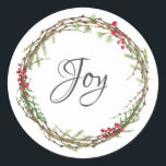 Winter Greenery Berries Wreath Christmas Joy Runder Aufkleber<br><div class="desc">Eleganter und moderner festlicher Umschlag Aufkleber oder Geschenksticker zu Weihnachten mit dem Text 'Joy' in chic script kalligraphie und einem stilvollen Wintergrün und Beeren Kranz. Exklusiv für Sie entworfen von Happy Dolphin Studio. Wenn Sie Hilfe oder passende Produkte benötigen,  kontaktieren Sie uns bitte unter happydolphinstudio.com.</div>