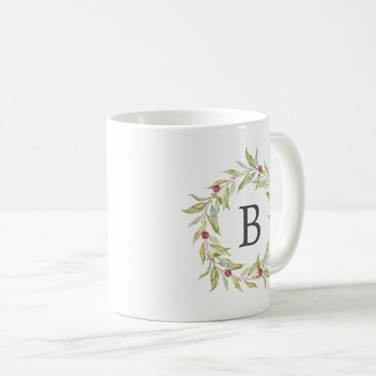 Winter Greenery Berries Wreath Monogram Kaffeetasse (VorderseiteRechts)