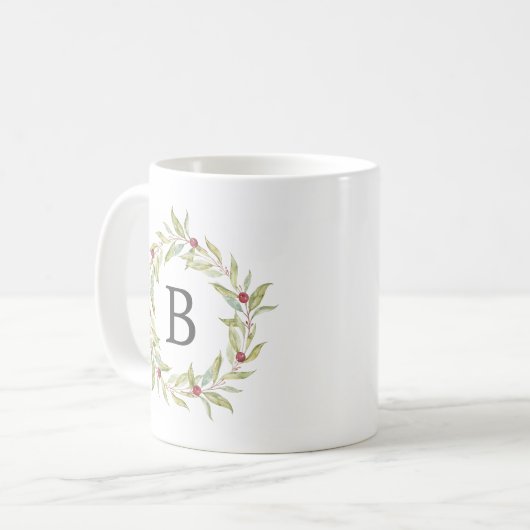 Winter Greenery Berries Wreath Monogram Kaffeetasse (Vorderseite Links)