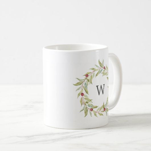 Winter Greenery Berries Wreath Monogram Kaffeetasse (VorderseiteRechts)