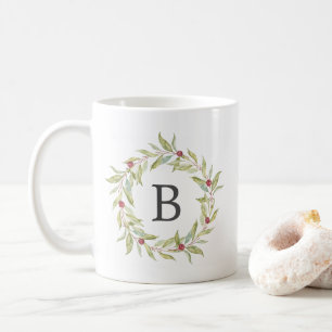 Winter Greenery Berries Wreath Monogram Weihnachte Kaffeetasse