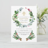 Winter Greenery Berry Cone Gold Cross Taufe Einladung (Stehend Vorderseite)