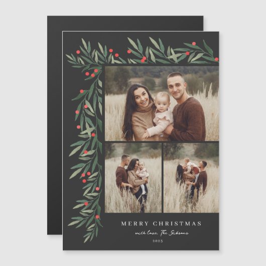 Winter Greenery Black 3 Foto Weihnachten Magnetkarte (Vorne/Hinten)