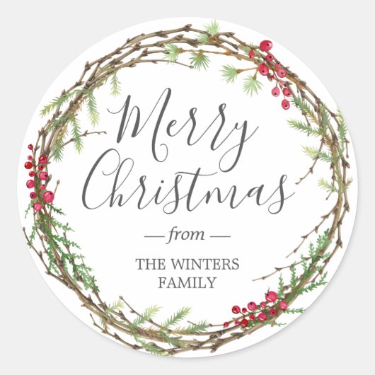 Winter Greenery Blätter Berries Wreath Runder Aufkleber (Vorderseite)