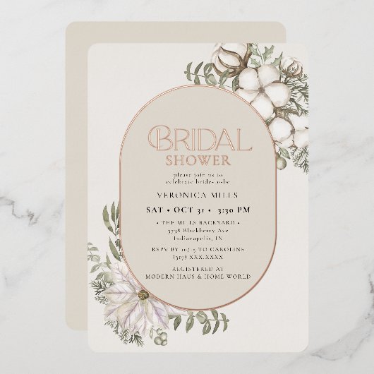 Winter Greenery Bloral Oval Brautparty Folieneinladung (Vorderseite/Rückseite)