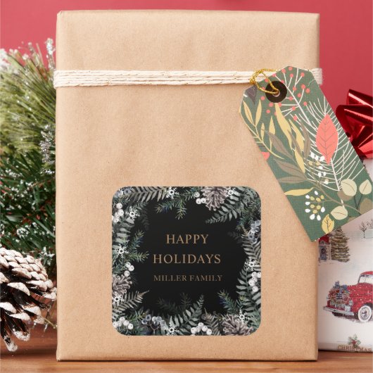 Winter Greenery Blue Happy Holidays Monogram Quadratischer Aufkleber (Feiertag)