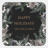 Winter Greenery Blue Happy Holidays Monogram Quadratischer Aufkleber (Vorderseite)