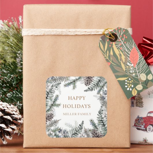 Winter Greenery Blue Happy Holidays Monogram Quadratischer Aufkleber (Feiertag)