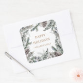 Winter Greenery Blue Happy Holidays Monogram Quadratischer Aufkleber (Umschlag)
