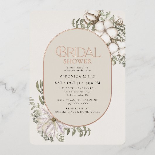 Winter Greenery Blumengrün Oval Brautparty Folieneinladung (Vorderseite)
