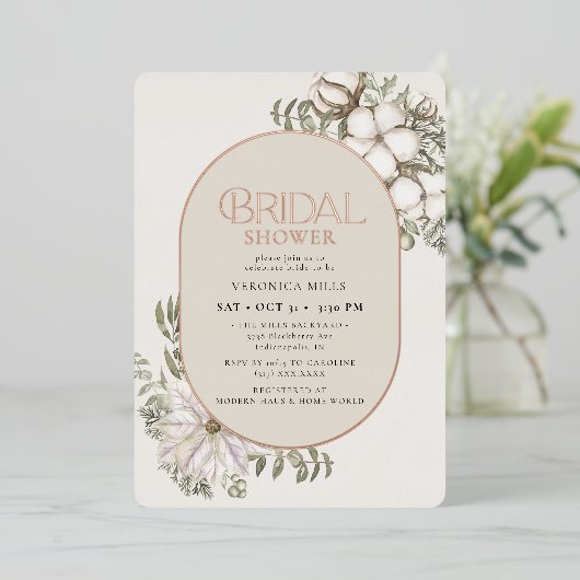 Winter Greenery Blumengrün Oval Brautparty Folieneinladung (Stehend vorne)