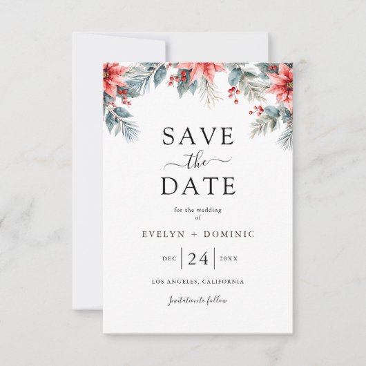 Winter Greenery Blumenweihnachtsfest Hochzeit Save The Date (Vorderseite)