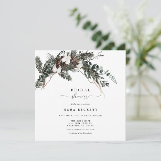 Winter Greenery Bouquet Brautparty Einladung (Stehend Vorderseite)