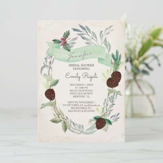 Winter Greenery Bridal Dusche Einladung (Stehend Vorderseite)