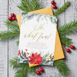 Winter Greenery Budget Weihnachtsfeier<br><div class="desc">Laden Sie Freunde oder Kollegen ein, um die Saison mit diesen eleganten Feiertagskarten zu feiern. Das Design zeigt "Ach, was lustig!" in der schönen Goldschrift, mit den Party-Details unten in einfacher Typografie. Der Text ist gerahmt durch einen handbemalten Rahmen aus Tanne, Kiefer, Winterbeeren, üppiger Vegetation und einer roten Poinsettia-Blume. Diese...</div>