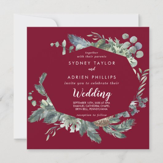 Winter Greenery Burgundy Front and Back Wedding I Einladung (Vorderseite)