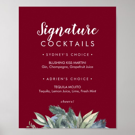Winter Greenery Burgundy Signature Cocktails Zeich Poster (Vorne)