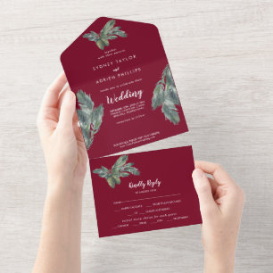 Winter Greenery Burgundy Wedding All In One Einladung