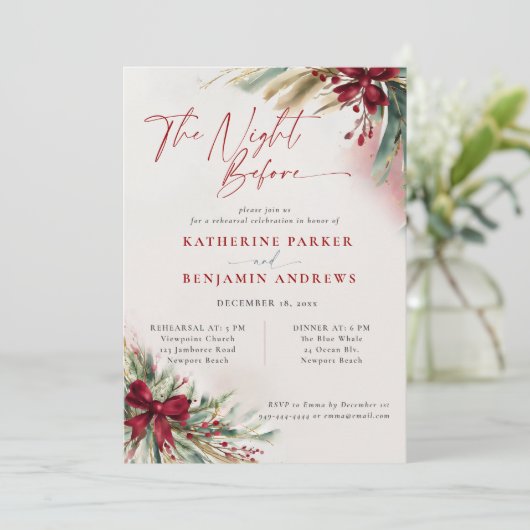 Winter Greenery Christmas Bow Wedding Probe Einladung (Stehend Vorderseite)