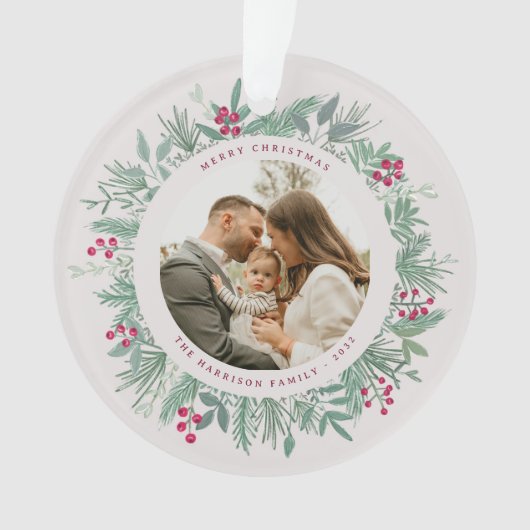 Winter Greenery Christmas Photo Wreath Ornament (Vorderseite)