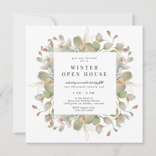 Winter Greenery Elegant Square Open House Einladung (Vorderseite)