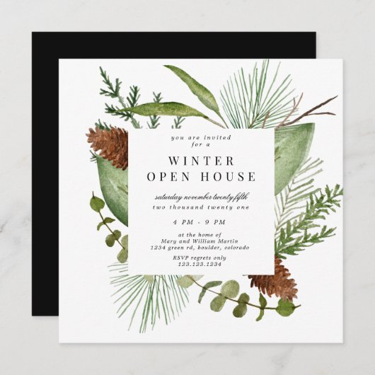 Winter Greenery Elegant Square Open House Einladung (Vorne/Hinten)