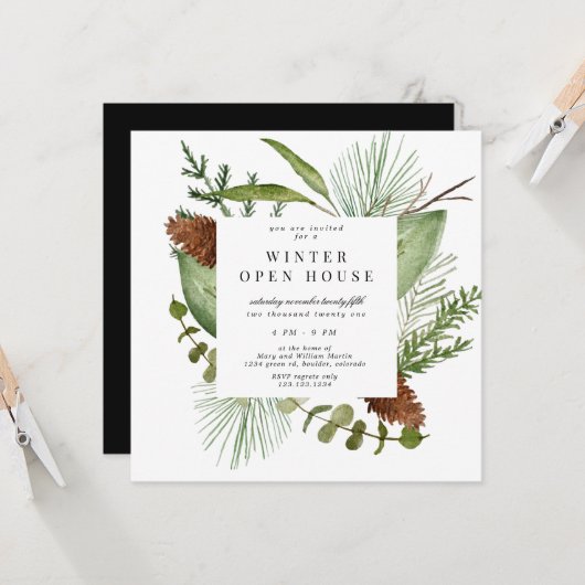 Winter Greenery Elegant Square Open House Einladung (Vorderseite/Rückseite Beispiel)
