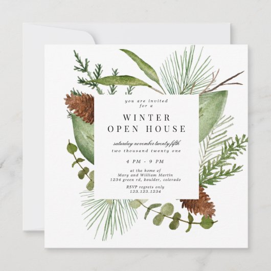 Winter Greenery Elegant Square Open House Einladung (Vorderseite)
