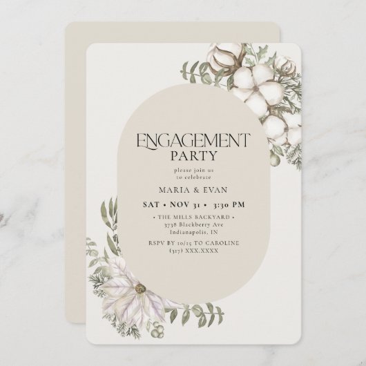 Winter Greenery Floral Oval ElfenbeinEngagement Pa Einladung (Vorne/Hinten)