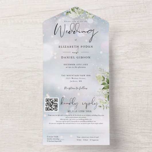 Winter Greenery Floral QR Code Hochzeit All In One Einladung (Innen Boden)