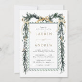 Winter Greenery Garland Wedding Gold & Green Einladung (Vorderseite)