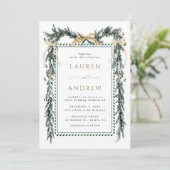 Winter Greenery Garland Wedding Gold & Green Einladung (Stehend Vorderseite)