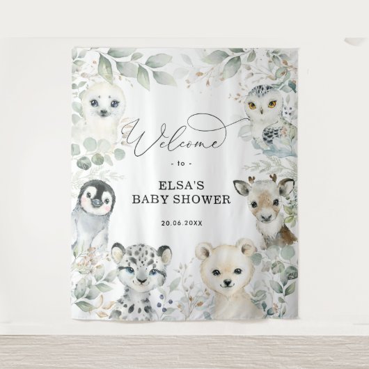 Winter Greenery Gold Arctic Animals Baby Willkomme Wandteppich (Vorderseite)