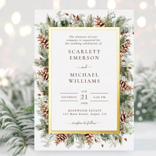 Winter Greenery Gold Foil Einladung zur Hochzeit