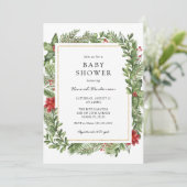 Winter Greenery Gold Frame Baby Dusche Einladung (Stehend Vorderseite)