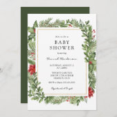 Winter Greenery Gold Frame Baby Dusche Einladung (Vorne/Hinten)