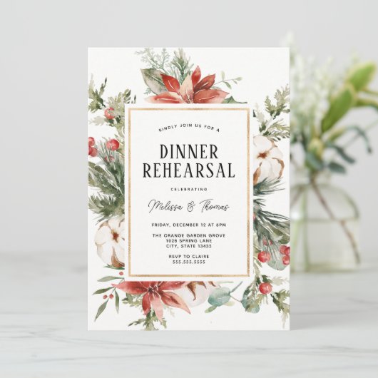 Winter Greenery Hochzeitsessen Probe Einladung (Stehend Vorderseite)