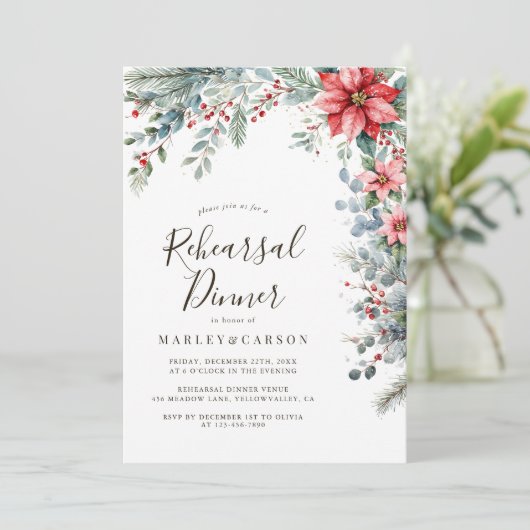 Winter Greenery Holiday Wedding Probe Dinner Einladung (Stehend Vorderseite)