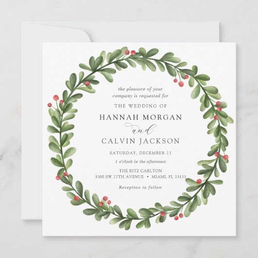Winter Greenery Holly Wedding Einladung (Vorderseite)