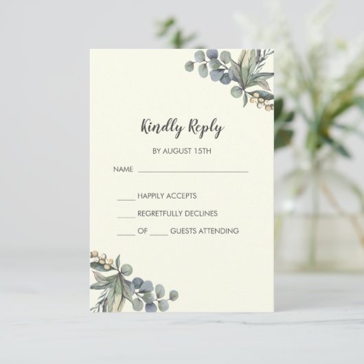 Winter Greenery | Ivory Simple Wedding RSVP Card (Stehend Vorderseite)