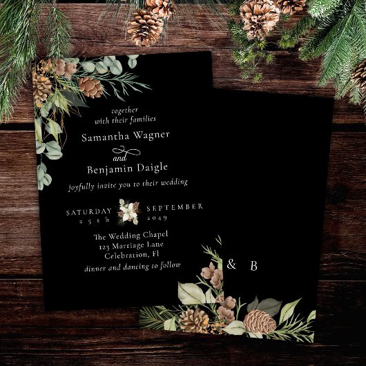 Winter Greenery Pine Black Elegante Hochzeit Einladung